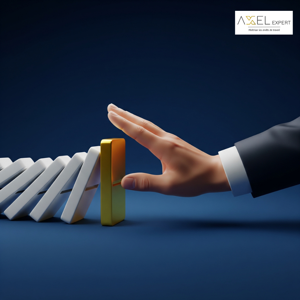 Main d'un expert stoppant la chute d'un domino doré, symbolisant la prévention et la gestion proactive du précontentieux AT/MP.