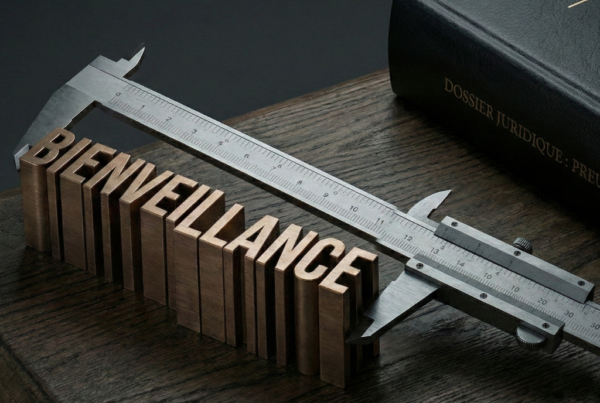 Le mot Bienveillance sculpté en bronze est mesuré par un outil de précision sur un bureau d'avocat, à côté d'un dossier de preuves juridiques.