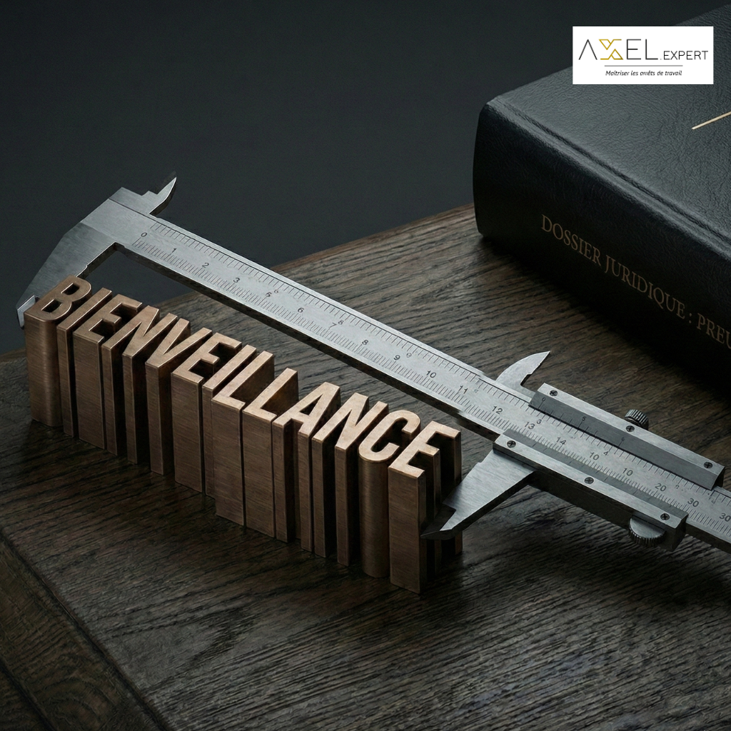 Le mot Bienveillance sculpté en bronze est mesuré par un outil de précision sur un bureau d'avocat, à côté d'un dossier de preuves juridiques.