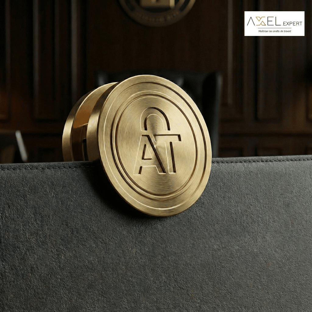 Gros plan sur un sceau doré avec le monogramme "AT" apposé sur un dossier gris anthracite, symbolisant la sécurisation juridique et l'inopposabilité d'un dossier d'accident du travail pour protéger la trésorerie de l'entreprise selon la méthode AXEL.EXPERT.