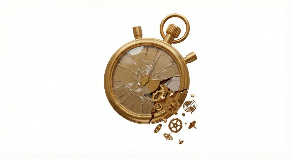Chronomètre brisé illustrant la perte de temps administratif et la désorganisation liée aux maladies professionnelles.
