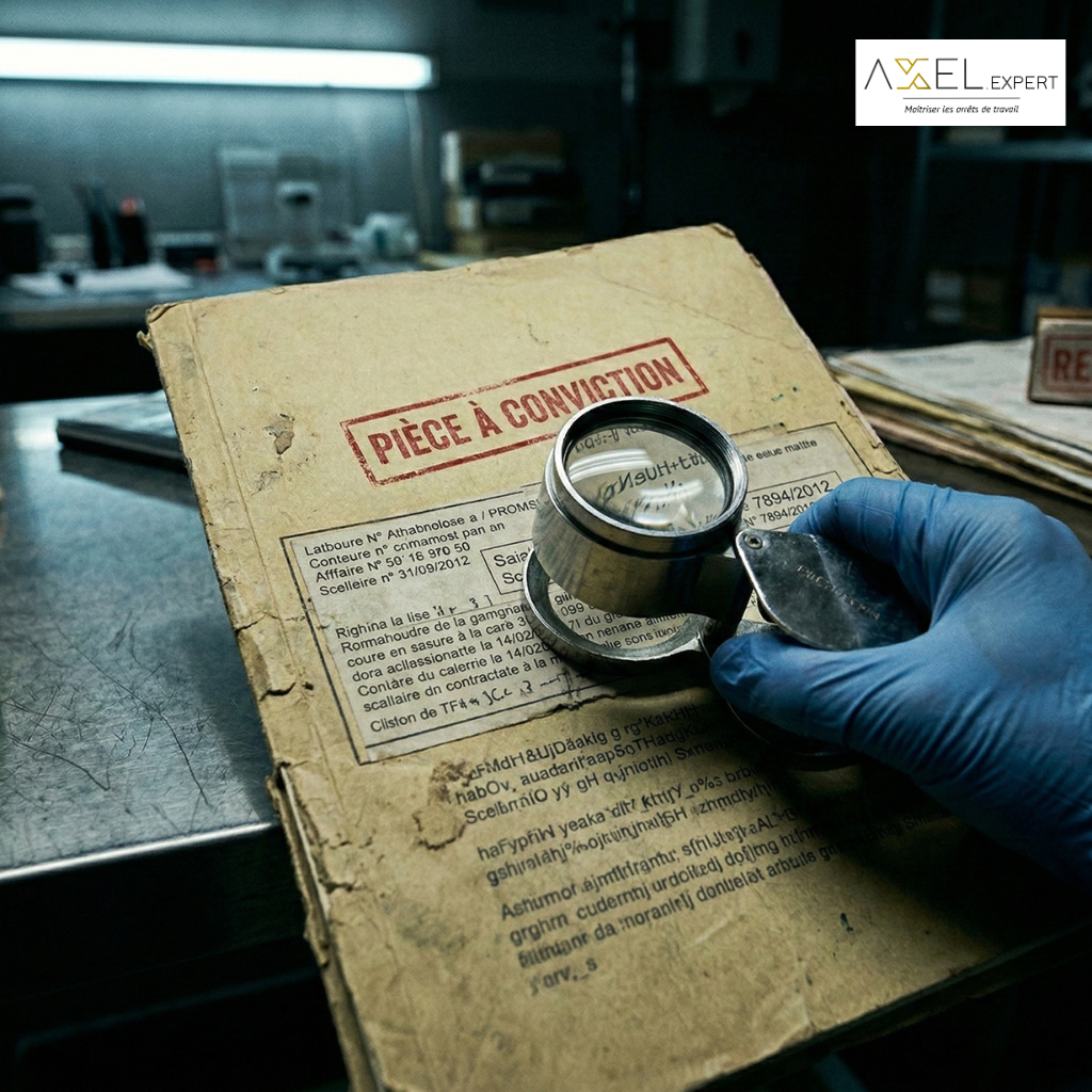 Vue rapprochée de style police scientifique d'un dossier administratif jauni marqué d'un tampon rouge "PIÈCE À CONVICTION". Une loupe de précision est posée sur un paragraphe flou, soulignant l'importance de la dissection technique des preuves dans les dossiers RPS. Ambiance clinique et souveraine aux teintes bleu nuit et gris acier.